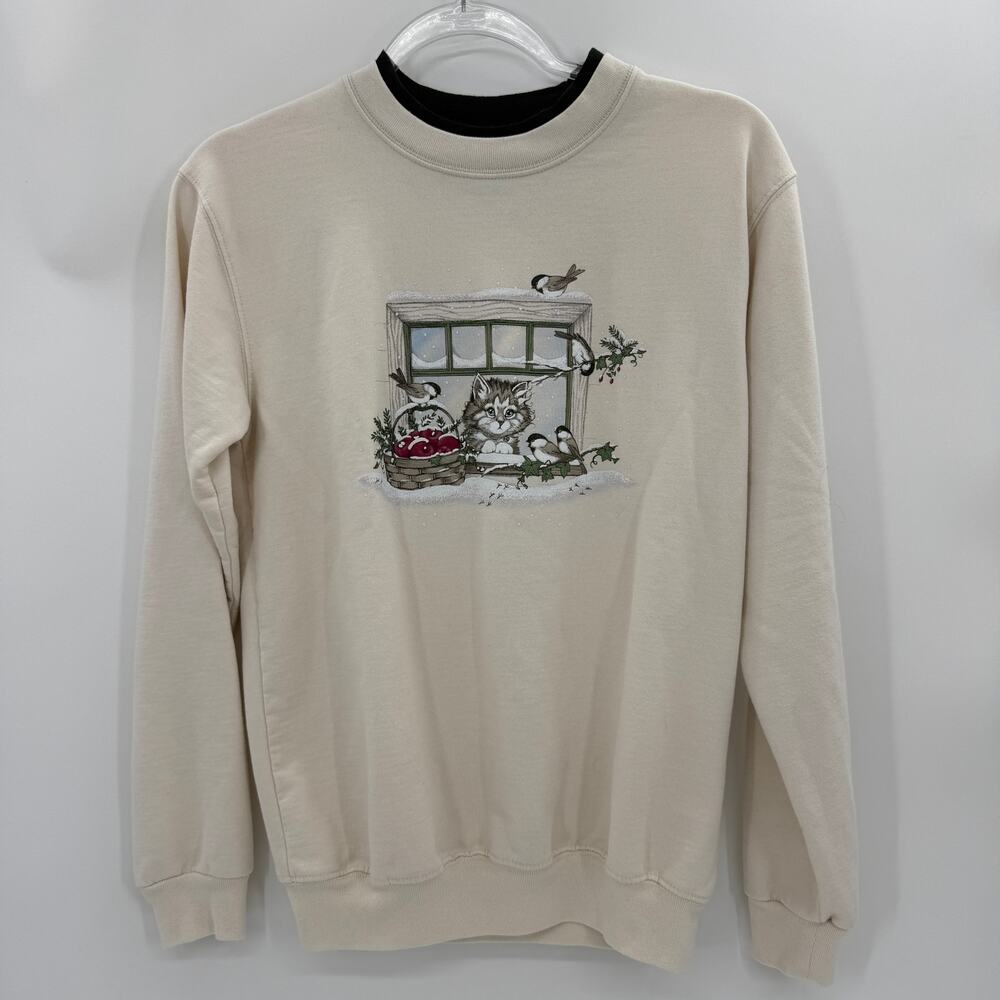Winter Cat Graphic Crew Neck Sweatshirt Size S Kitten Holiday Grandmacore Retro
